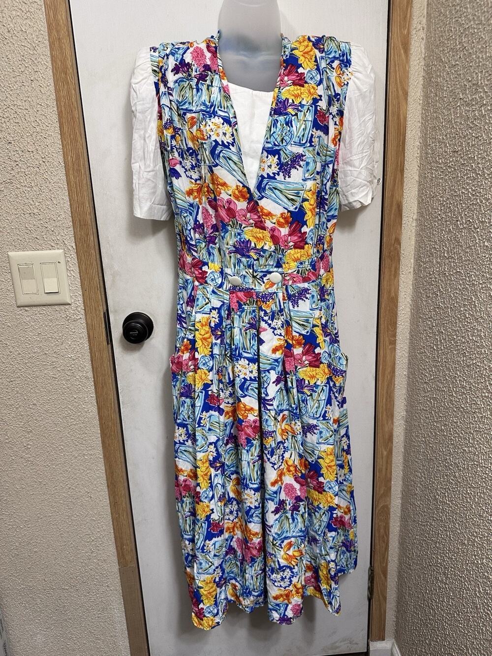 Vintage 80s RJ Stevens Romper Sz 14 XL Floral Multicolor Bright Pattern Pinafore